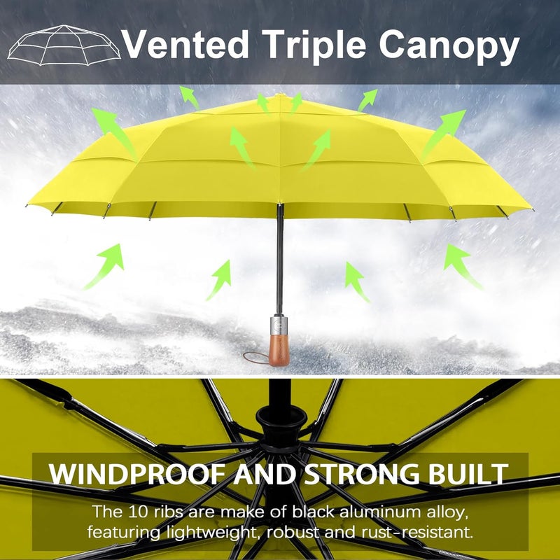 MasterUmbrella 3-Layer Vented Canopy Windproof Commuter Umbrella for Rain, Auto Open/Close, 10 Fiberglass Ribs, Wooden Handle, 13" Folded, 47" Large Coverage for 1–2 People, Lifetime Replacement - Image 2